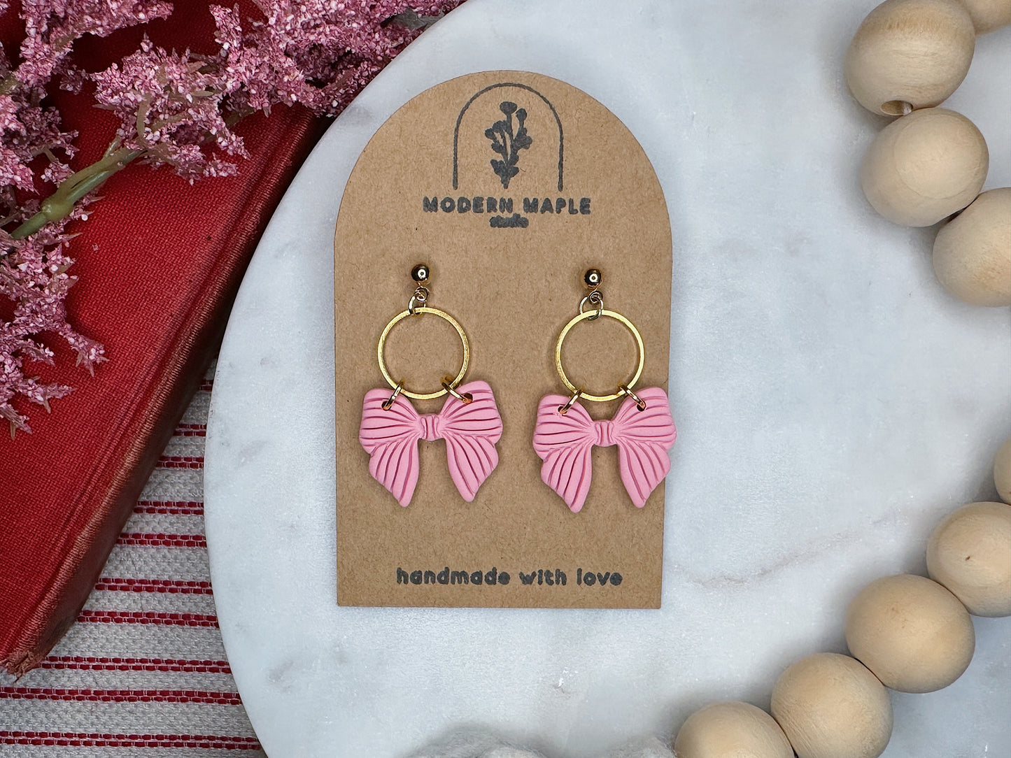 Striped Pink Bow Dangles